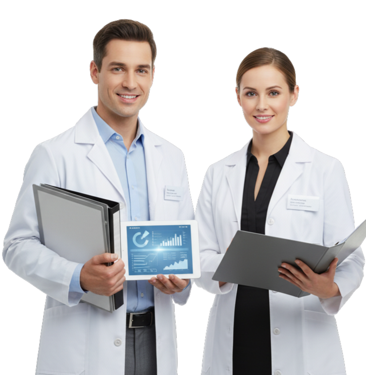 the image shows a pair of scientist ready to offer a consultation