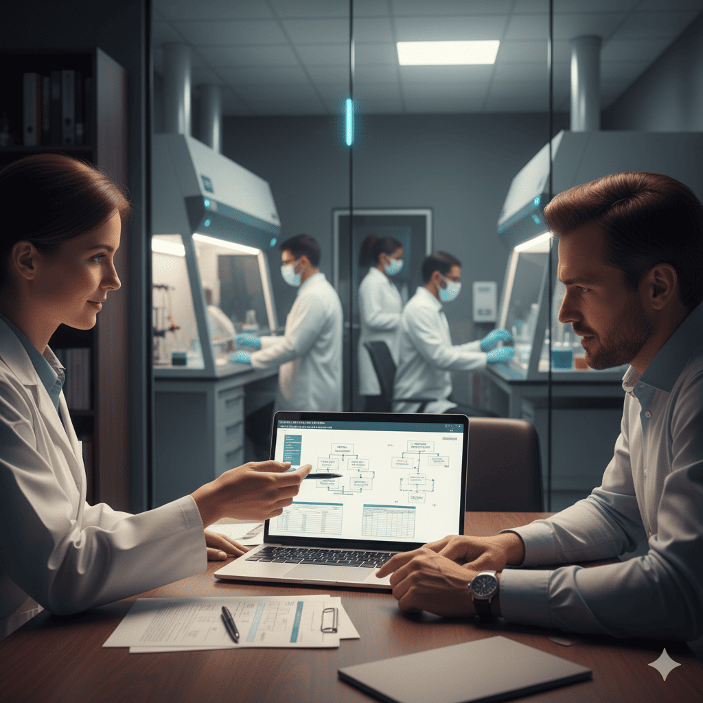 Two professionals sit at a table in a modern lab office, discussing a laptop screen that displays a flowchart and data tables, while several masked scientists work with equipment inside biosafety cabinets behind a glass partition in the background.