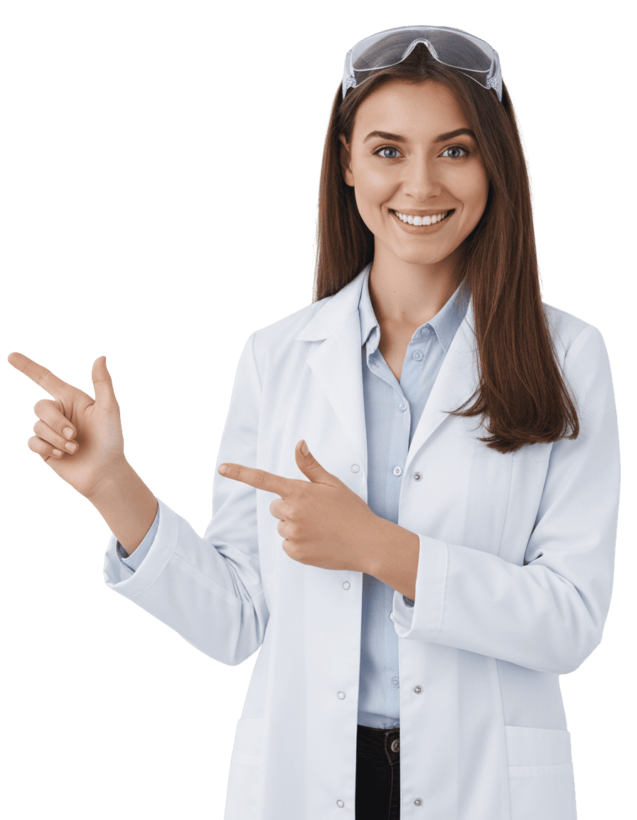 image of a scientist pointing to the left